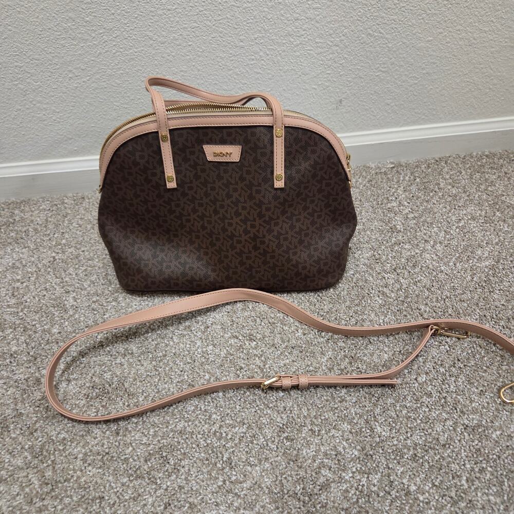 DKNY Brown/Beige Monogram Canvas and Leather Dome Satchel - Picture 6 of 7